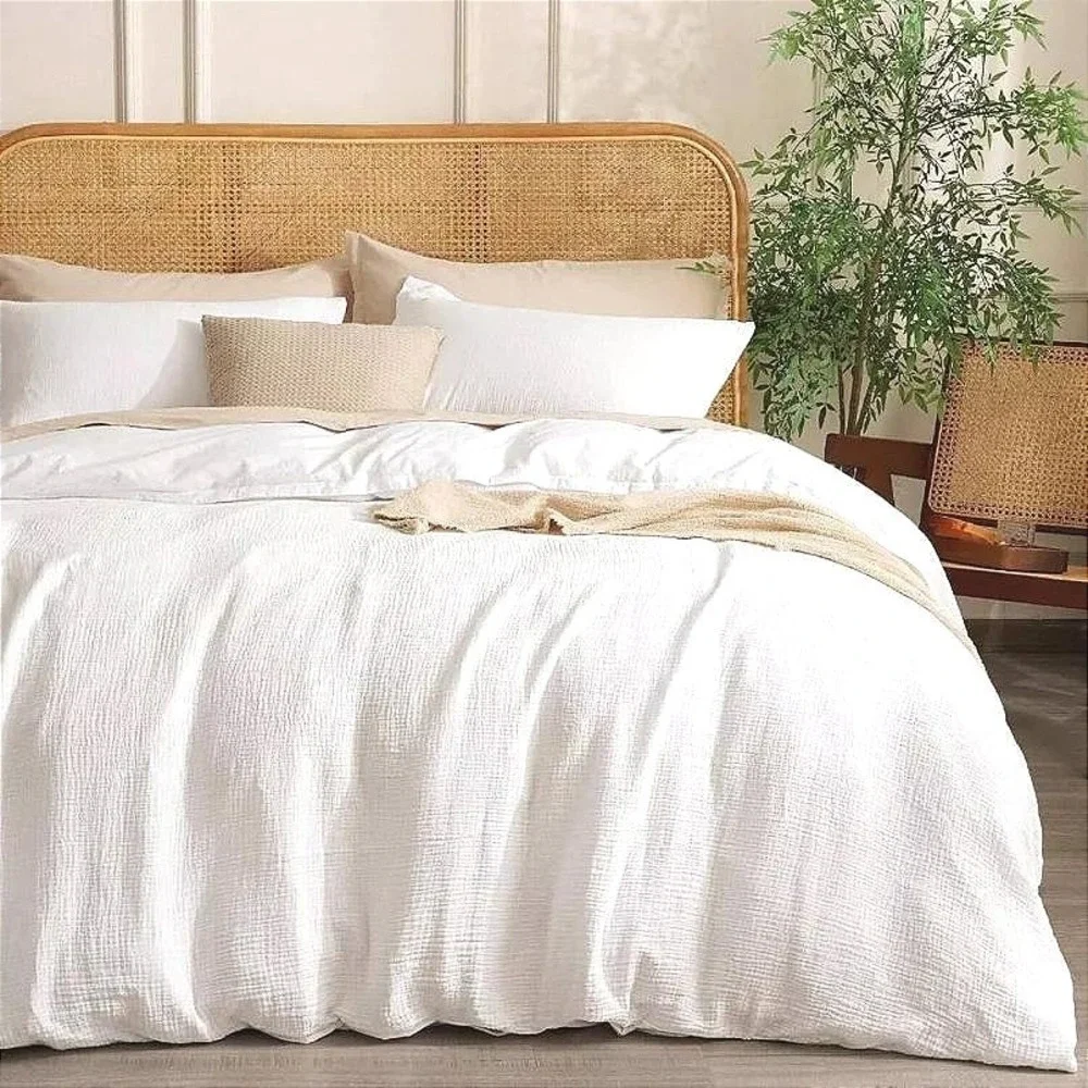 White Muslin Duvet Cover Queen 90x90 100% Cotton Textured Gauze Zipper Closure